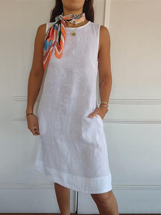 Women's Cotton and Linen Round Neck Solid Color Sleeveless Dress white