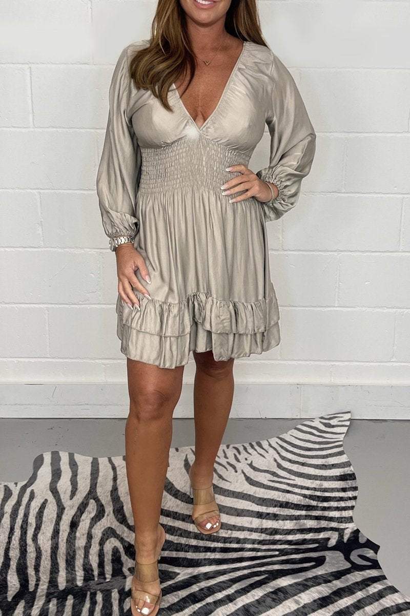 Satin Smocked Waist Dress Taupe