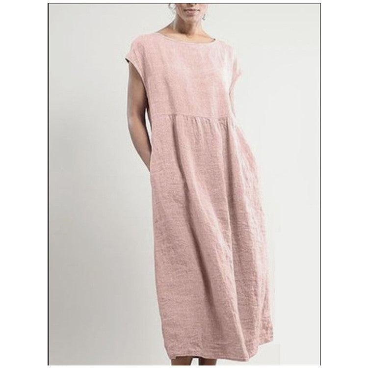 Solid color sleeveless loose cotton and linen pocket dress Pink