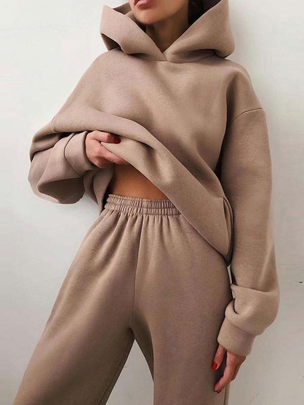 Casual fashion thickened long-sleeved sweatshirt and trousers two-piece set for women Brown