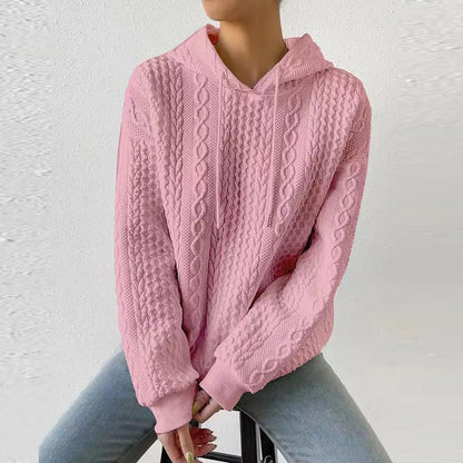 Cable Textured Drop Shoulder Drawstring Hoodie Pink