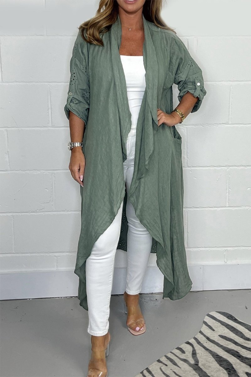 Cotton and linen long coat Amry green