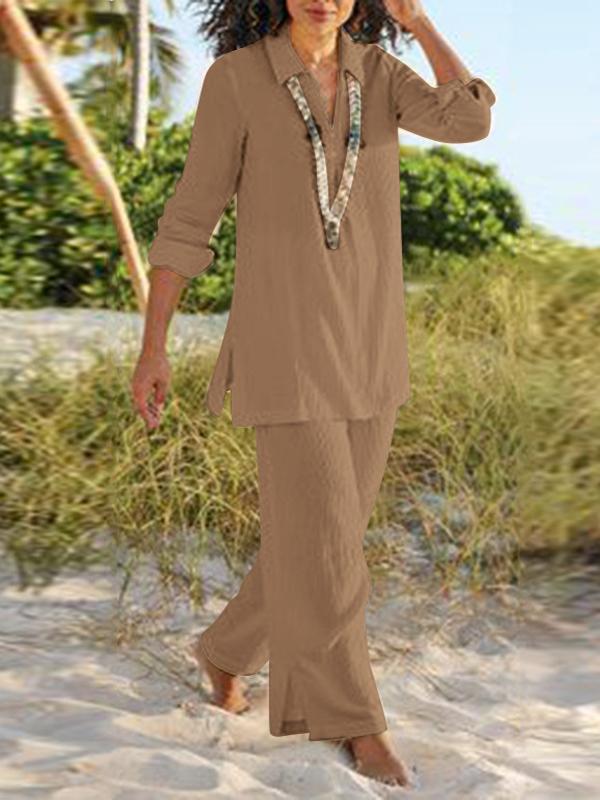 Plus-size Women's Solid Color Cotton Hemp Casual Long-sleeved Loose Suit Camel