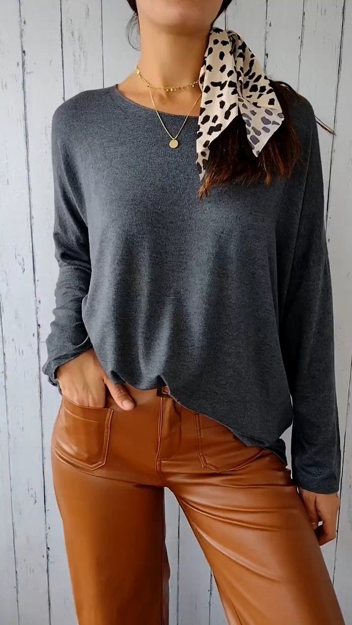 Round Neck Long Sleeve Comfortable Top dark gray