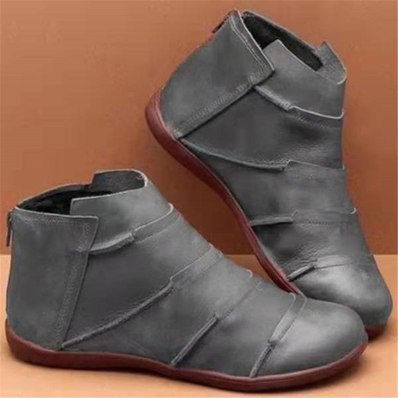 Women's Round Toe Casual Leather Boots Back Zipper Martin Boots Short Boots Grey