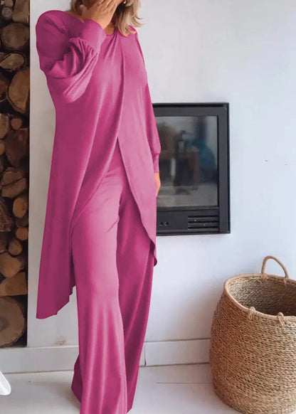 Round Neck Long Cardigan and Trousers Suit rose red