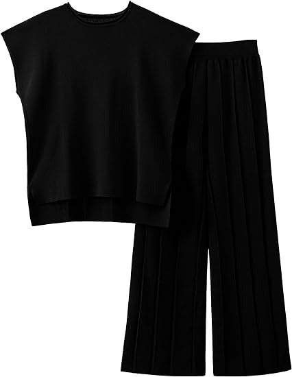 Women's Plain Sweater Casual Two Piece Suit Black