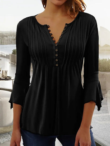 White V Neck Buttoned Basic Casual Plain Ruched Tunic Top Black