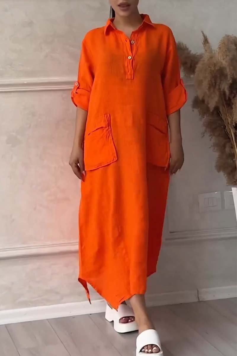 Half button lapel cotton and linen dress Orange