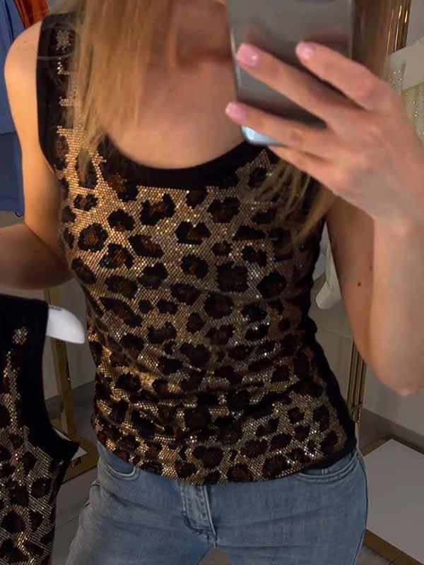 Women's Round Neck Leopard Print Sequined Top