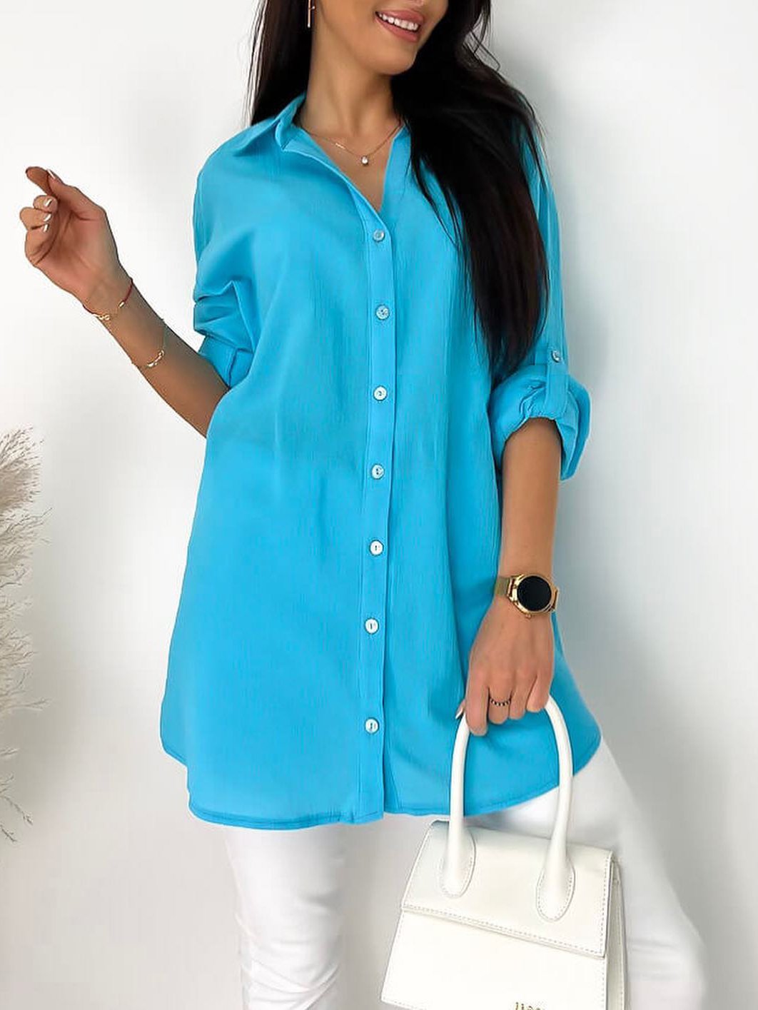 Women's Casual Solid Color Button Front Blouse Blue