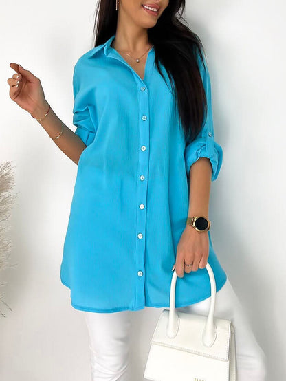 Women's Casual Solid Color Button Front Blouse Blue