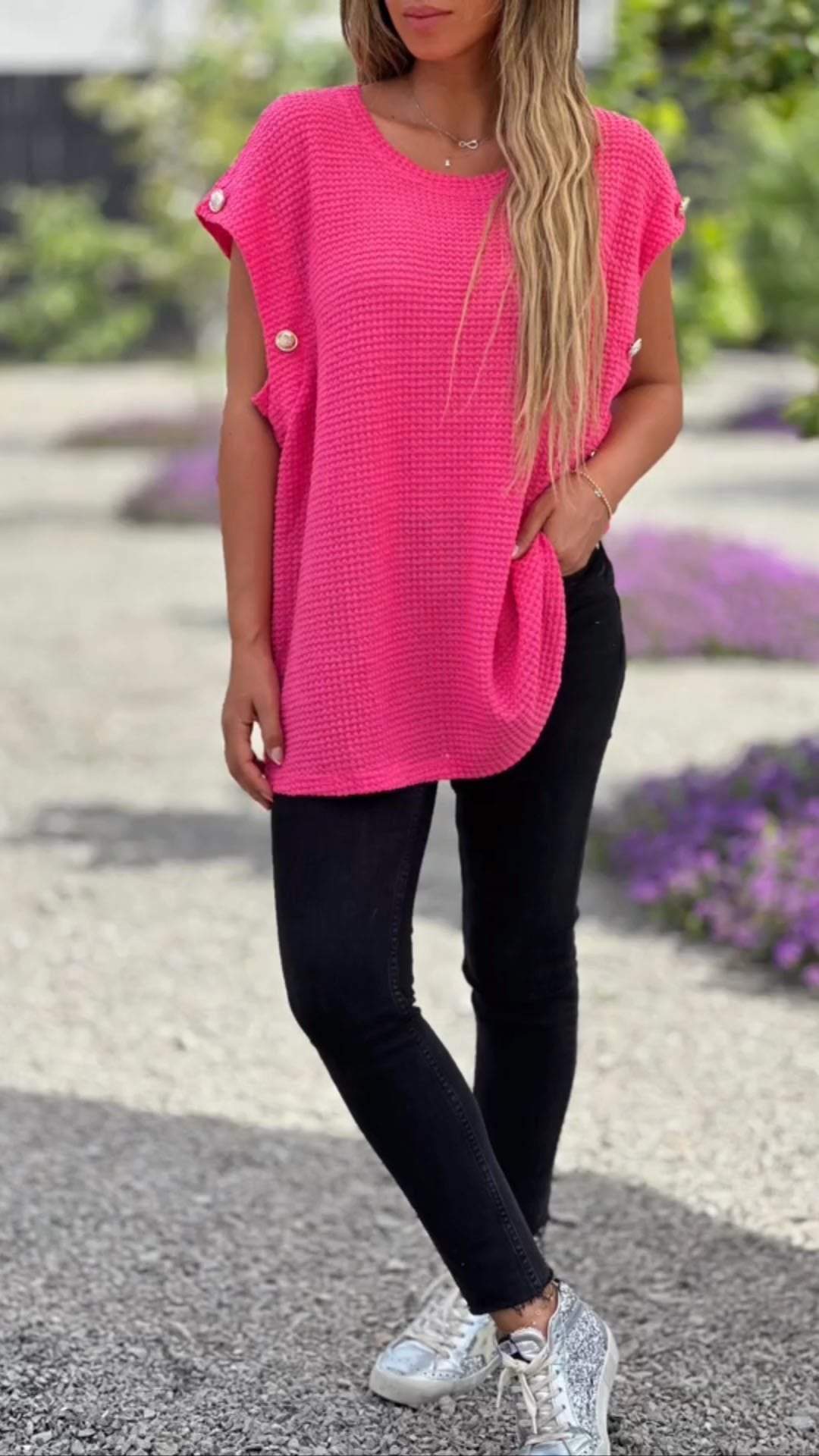 Waffle Button One Sleeve Top