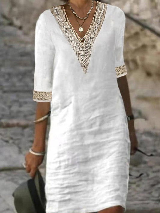 Plain Casual V Neck Cotton Dress White