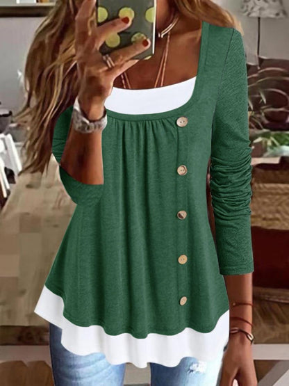 Casual Plain Button-Embellished Long-Sleeve Sweatshirts Green