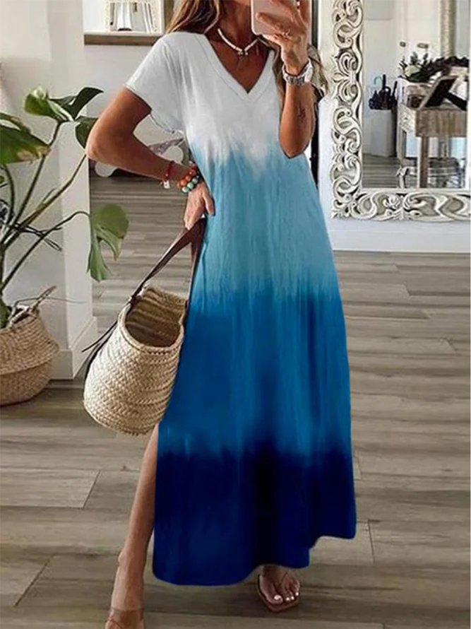 Plus Size Casual Ombre V neck Short Sleeve Knit Dress Blue