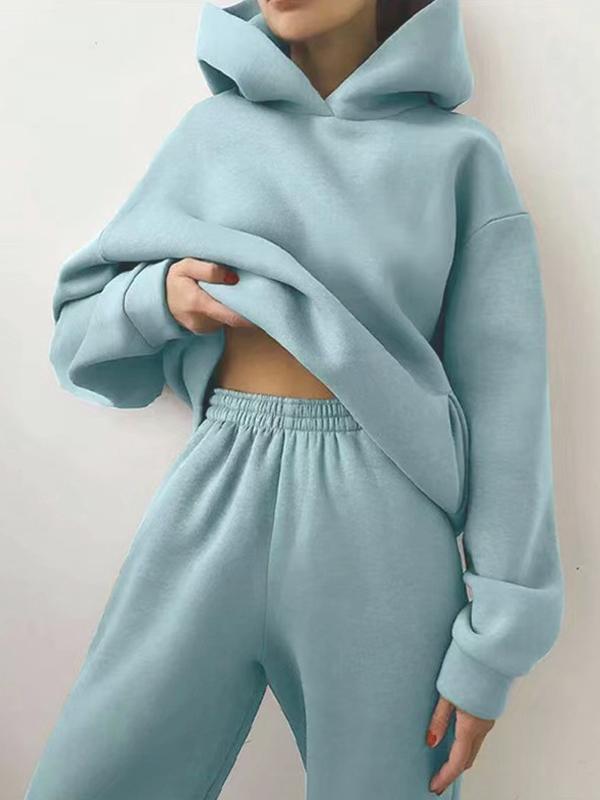 Casual fashion thickened long-sleeved sweatshirt and trousers two-piece set for women Light Blue