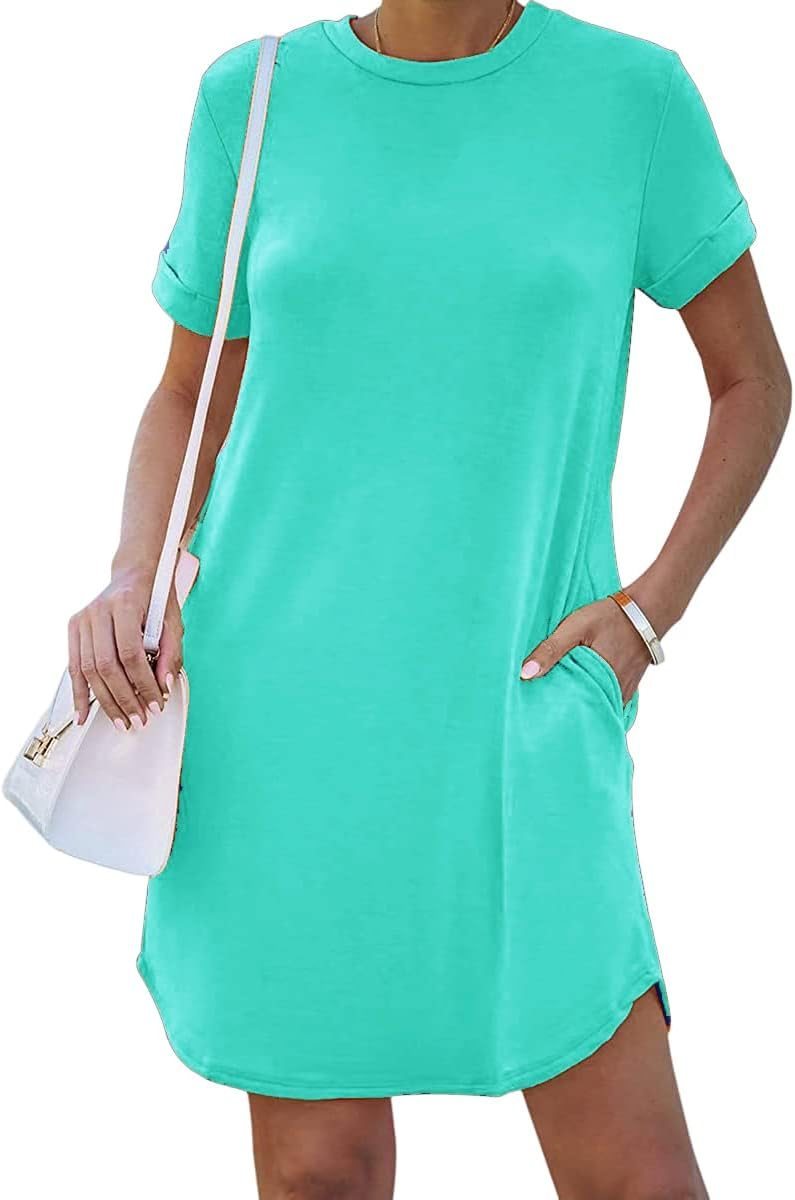 Round Neck Short Sleeve Casual Dress cyan