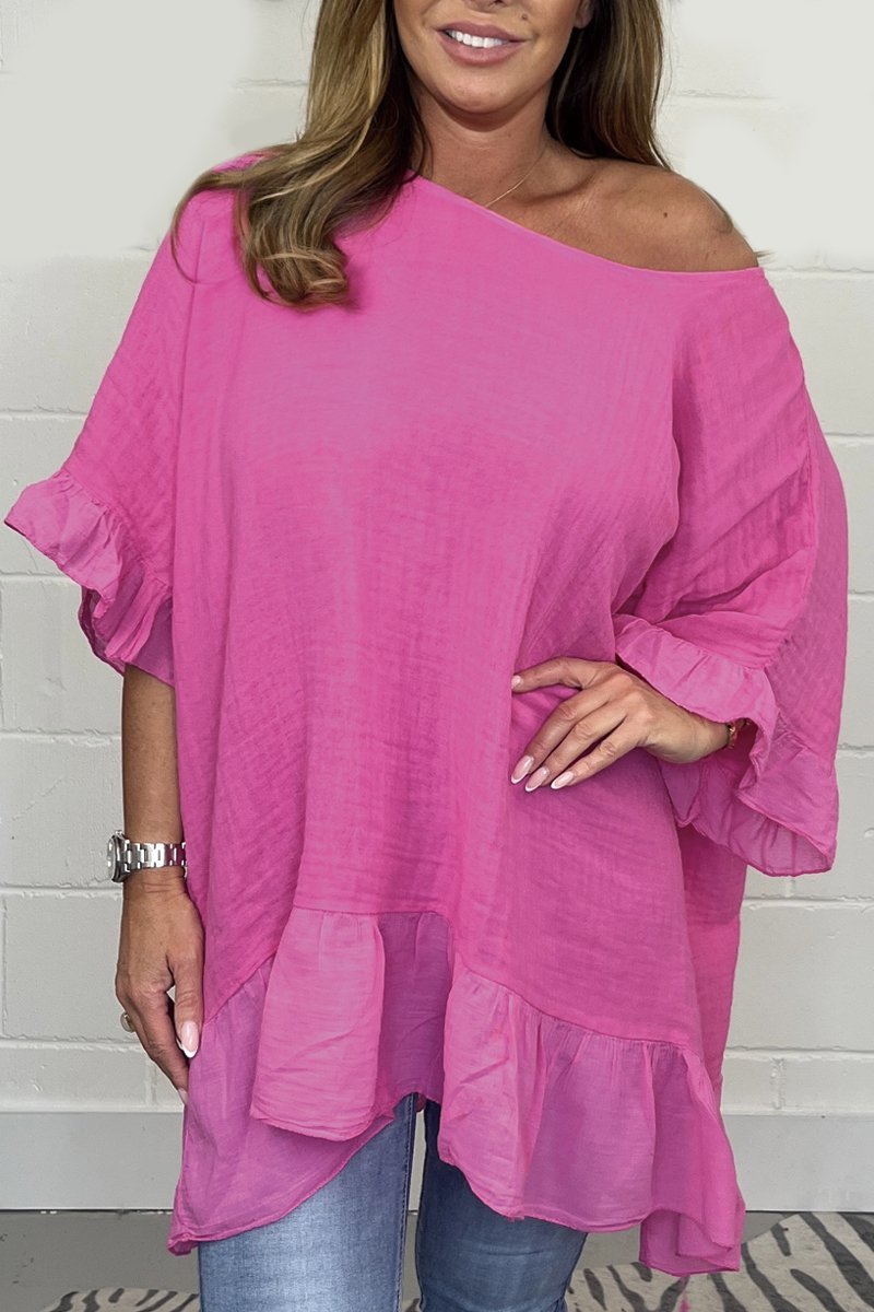 Solid color loose cotton and linen top Pink