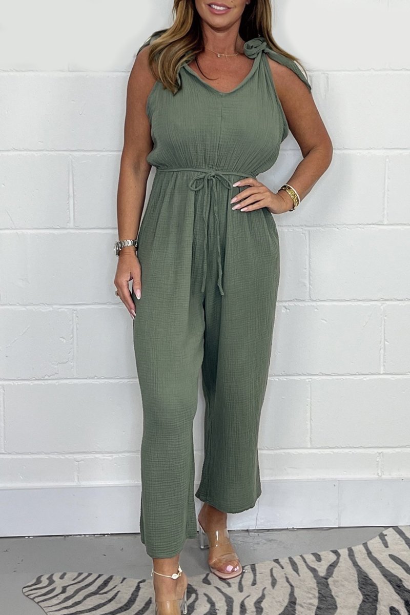 Cheesecloth Tie Shoulder Jumpsuit Army green