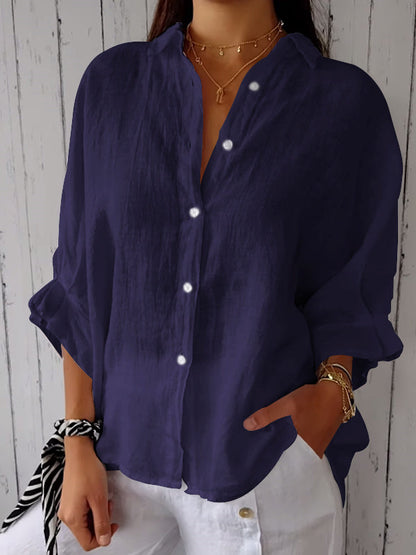 Women's Cotton and Linen Solid Color Casual Shirt blue Tops