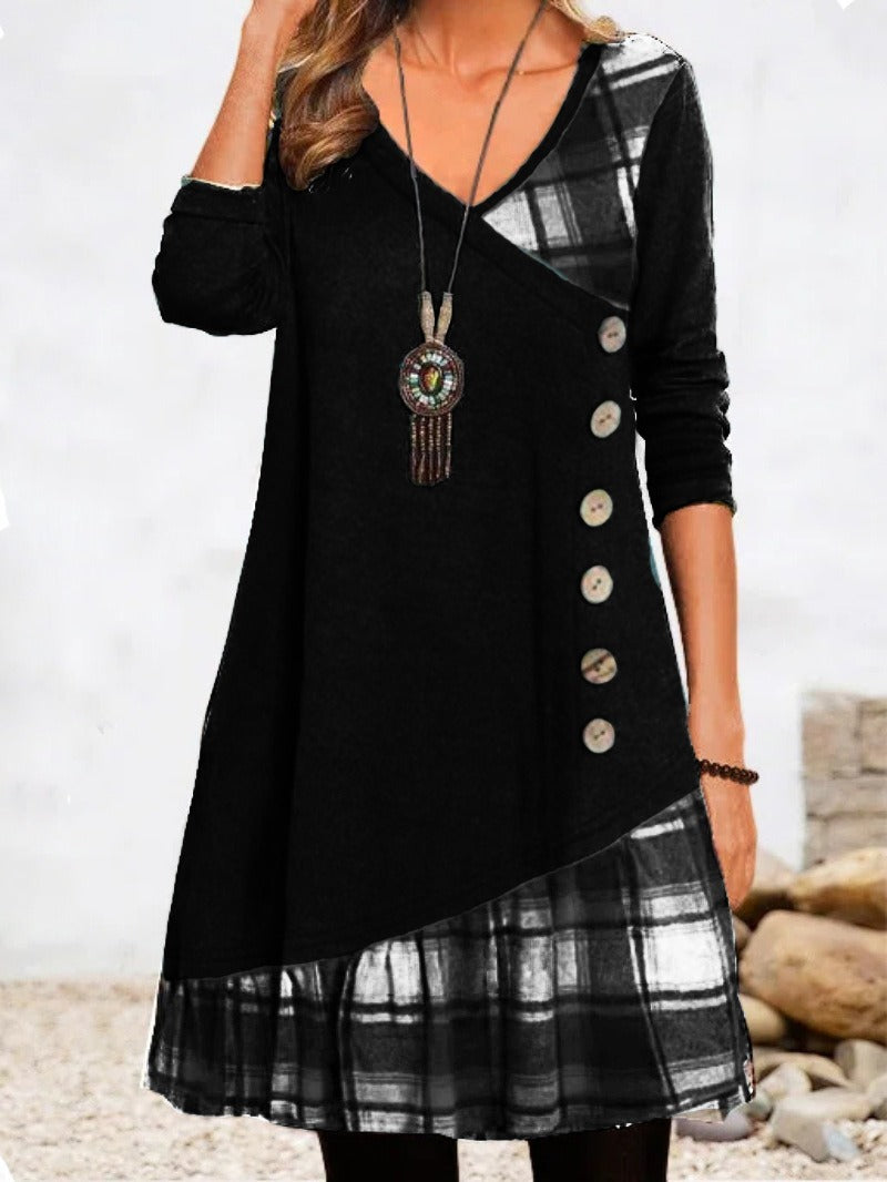 women's autumn and winter new casual stitching long sleeve dress Black