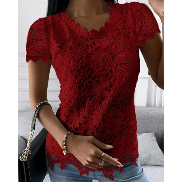 New lace short sleeve top Red