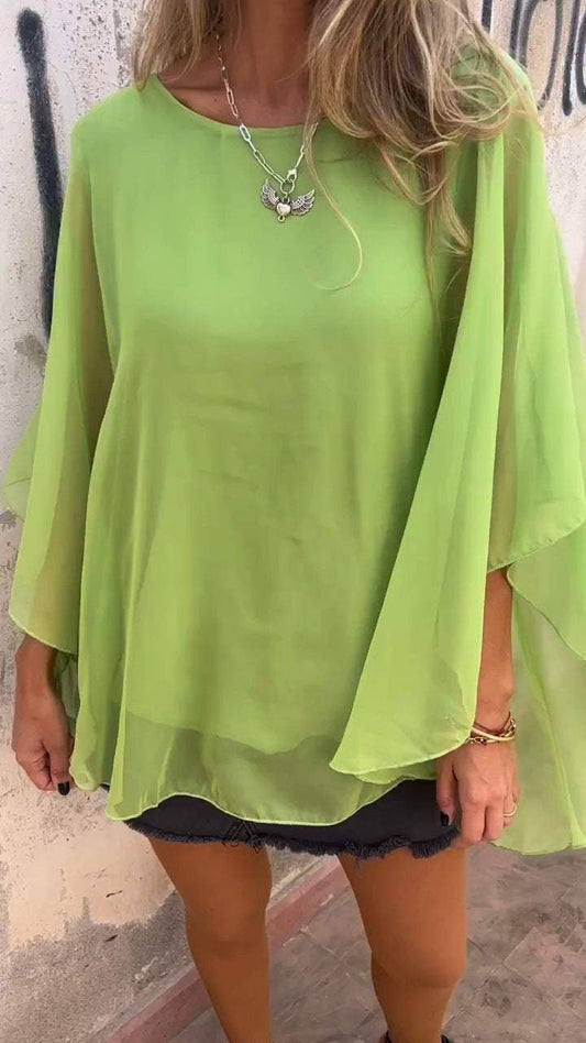 Chiffon Mock Two Piece Round Neck Top Green