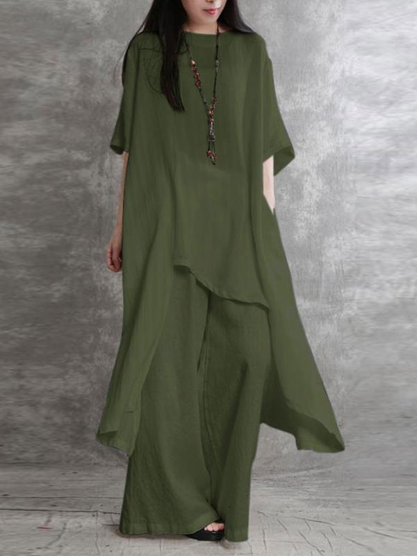 Casual Cotton and Linen Suit with Short-sleeved Top and Trousers Army Green