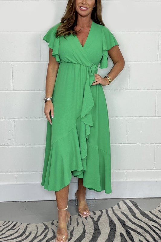 Frill Tie Waist Wrap Maxi Dress Green