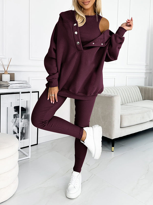 (S-5XL) Plus Size Hooded Casual and Comfortable Sweatshirt Three-piece Suit dark purple Sweater + Vest + Pants