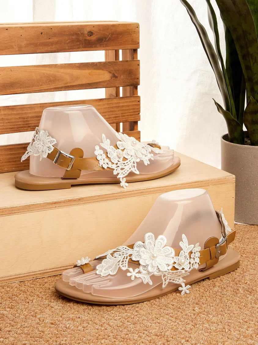 Pure White Flowers New Large Bohemian Flat Sandals