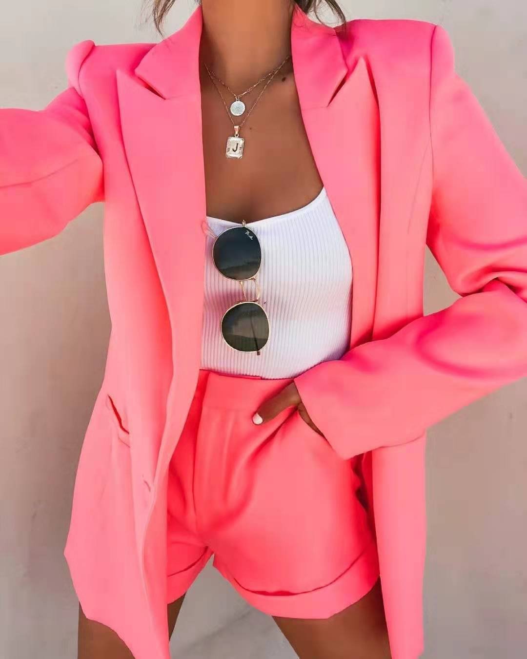 Women's Fashion Collar Open Front Blazer & Shorts Without Cami Top Pink