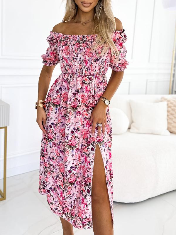 One-shoulder Waisted Floral Print Dress pink