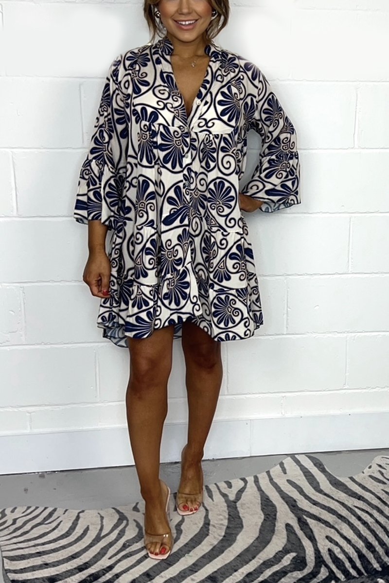 Printed High Low Swing Dress Navy blue