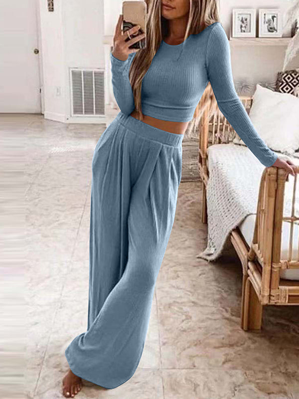 Solid color knitted casual home two-piece suit for women Blue