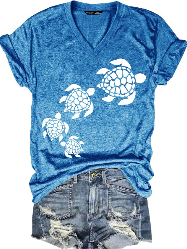 Nature Lover Sea Turtle Beach Casual V Neck Short Sleeve T-Shirt