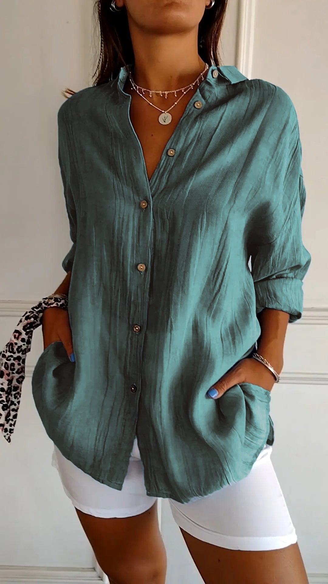 Single-breasted Pleated Lapel Shirt lake green