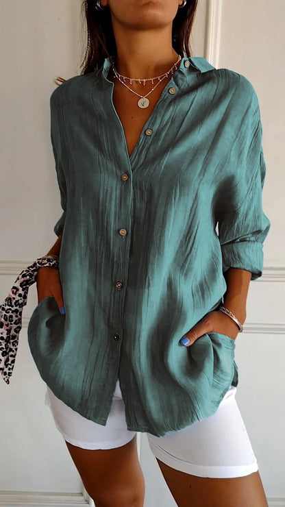 Single-breasted Pleated Lapel Shirt lake green