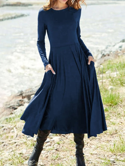 Crew Neck Plain Jersey Casual Midi Dress Purplish blue