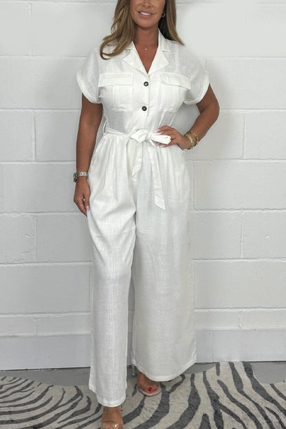 Women's short sleeve button up belted jumpsuit