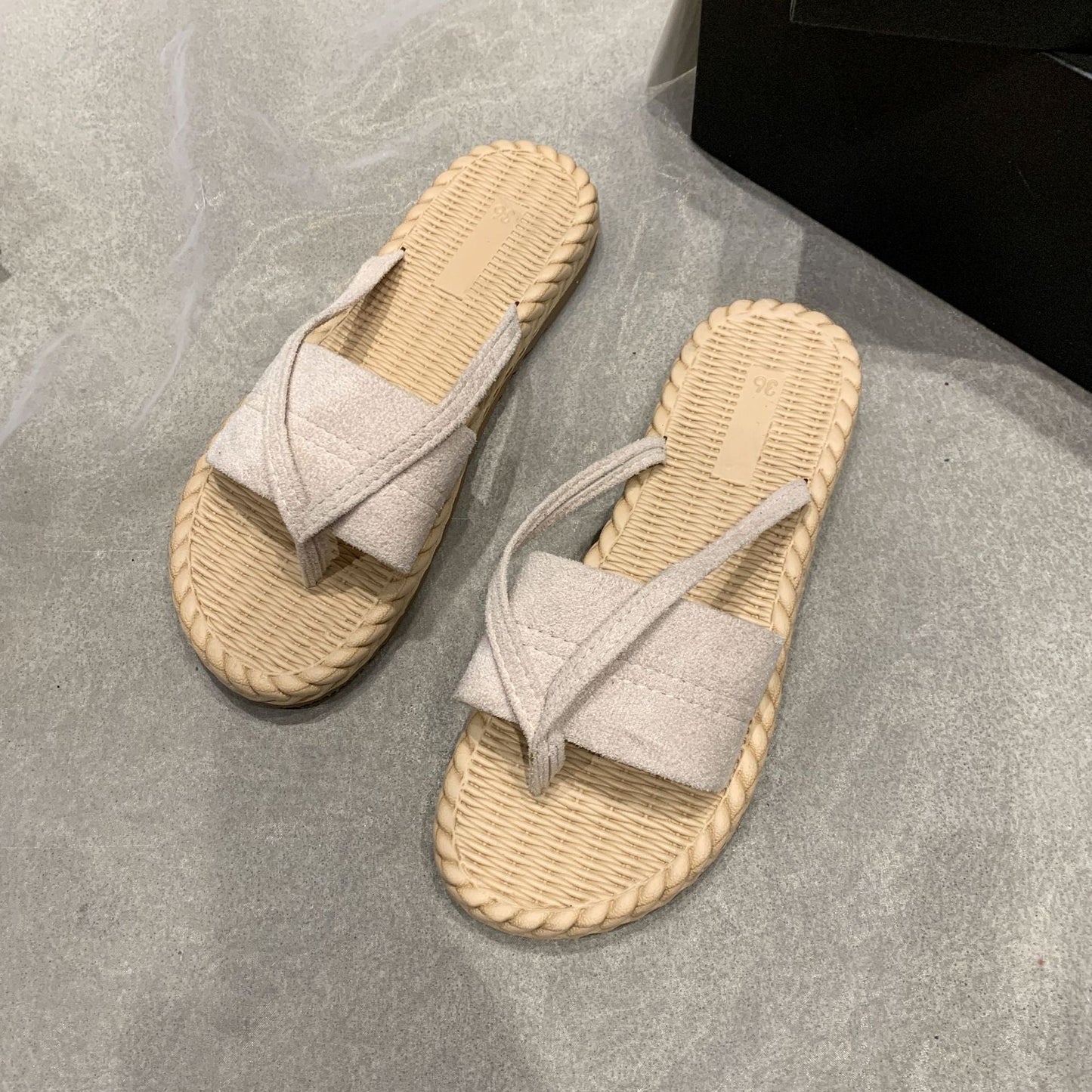 Minimalist Corduroy Thong Sandals Beige