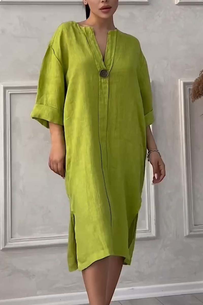 Casual buttoned cotton and linen dress Fluorescent green