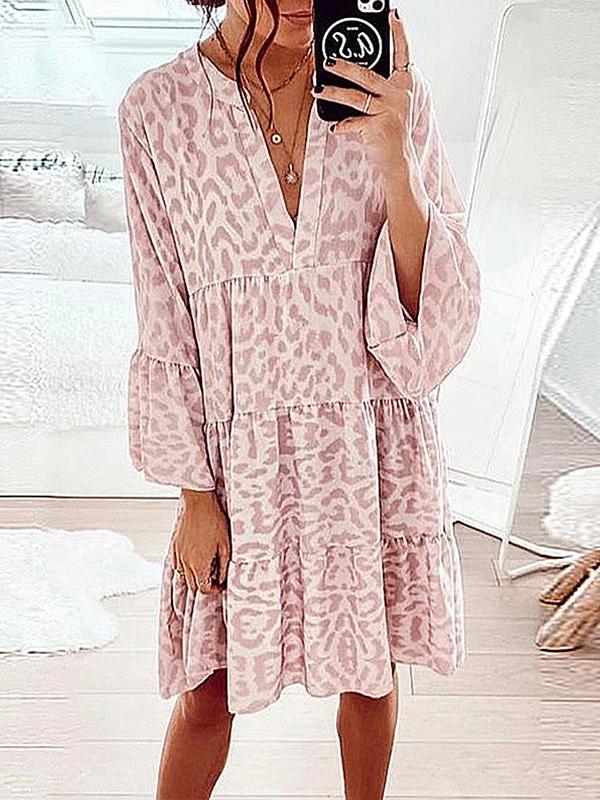 Printed long-sleeved loose V-neck patchwork dress Pink