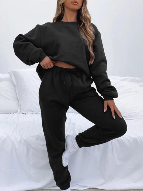 Solid color round neck trousers and long sleeve sweatshirt suit Black