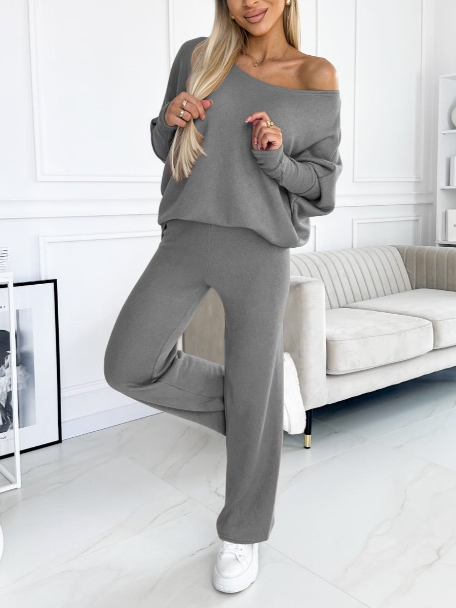 Women's Fashion Solid Color Batwing Sleeve Tops and Wide Leg Pants two-piece set Grey