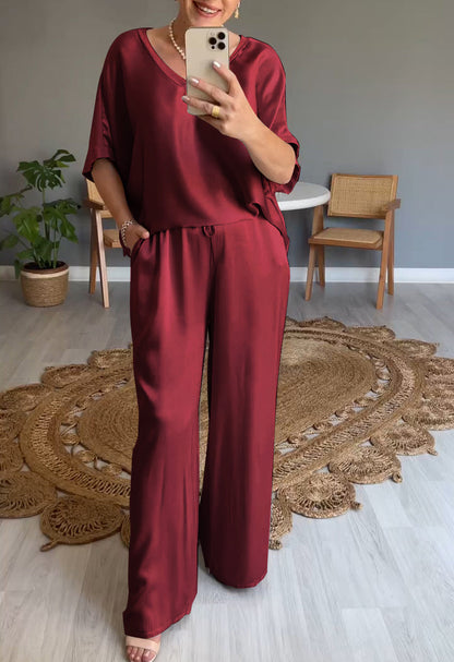 V-neck Satin Two-piece Suit burgundy