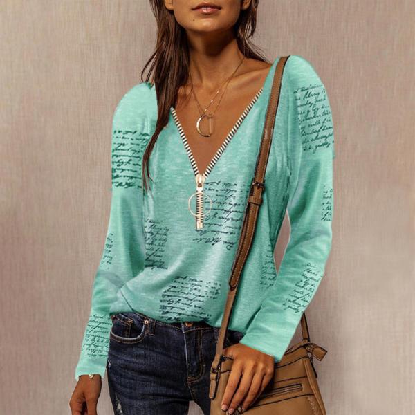 Zipper V-neck English printed long-sleeved casual top for women Green