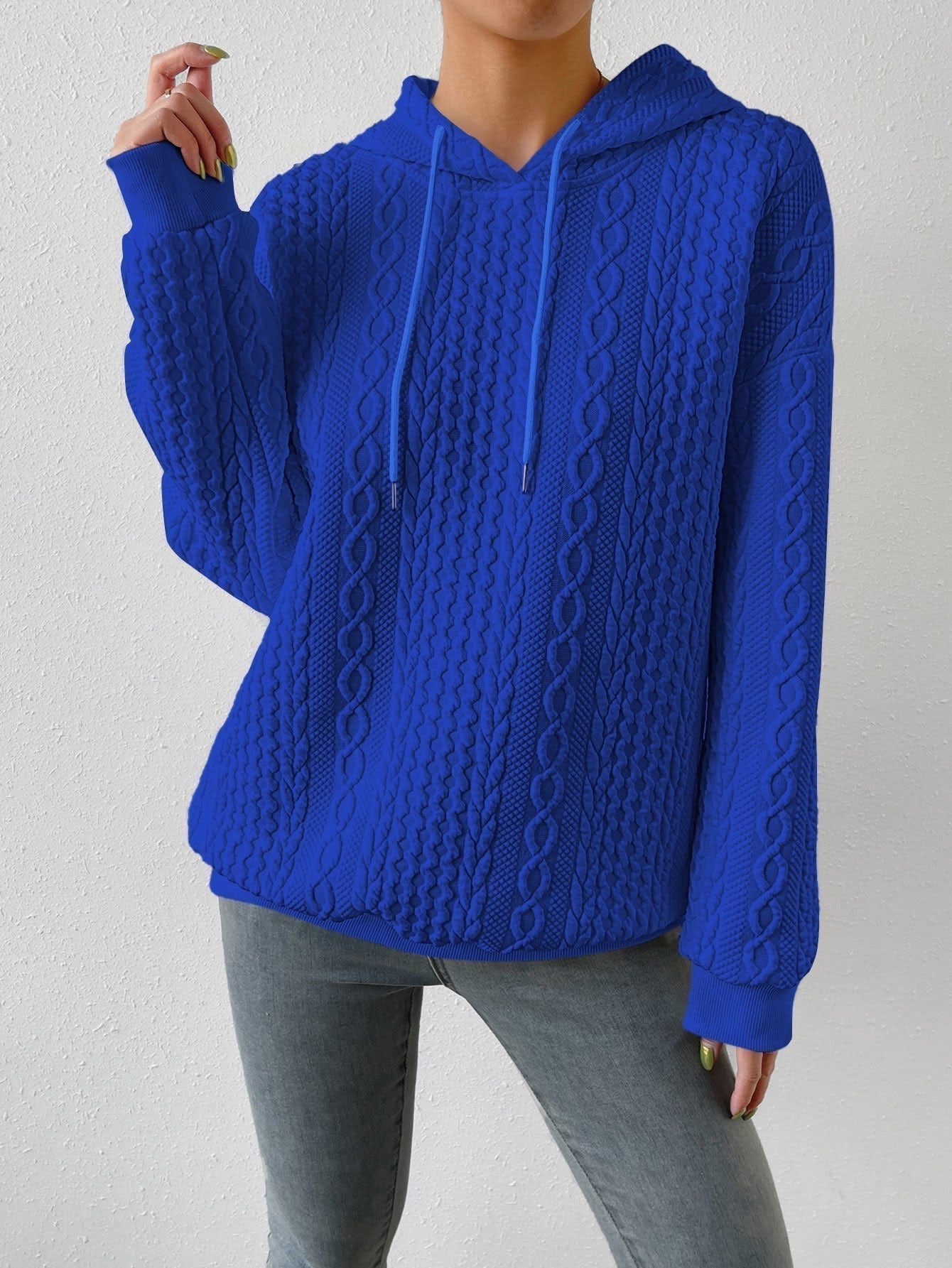 Cable Textured Drop Shoulder Drawstring Hoodie Blue