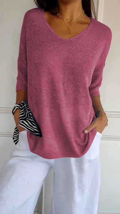 Solid Color Knitted V-neck Top Rose red